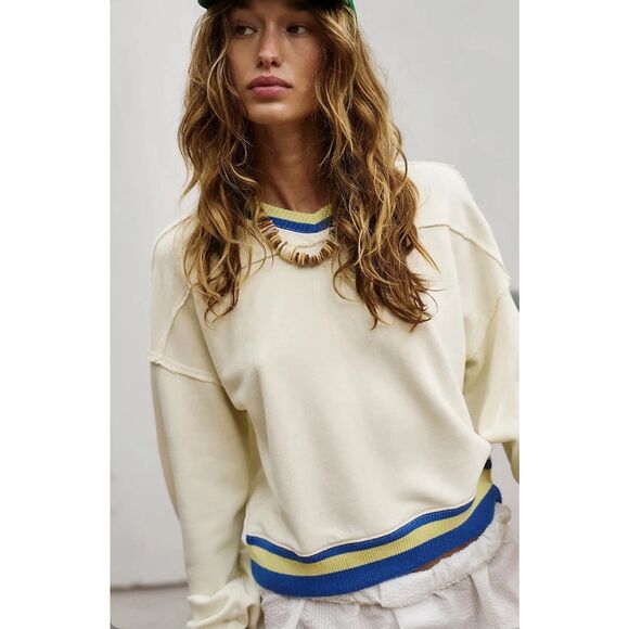 New Free People Rio Crop Sweatshirt in Ivory Combo size Large - Picture 4 of 8